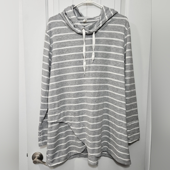 Livi Active Tops - LIVI Gray & White Striped Hooded Tunic Plus Size 18/20